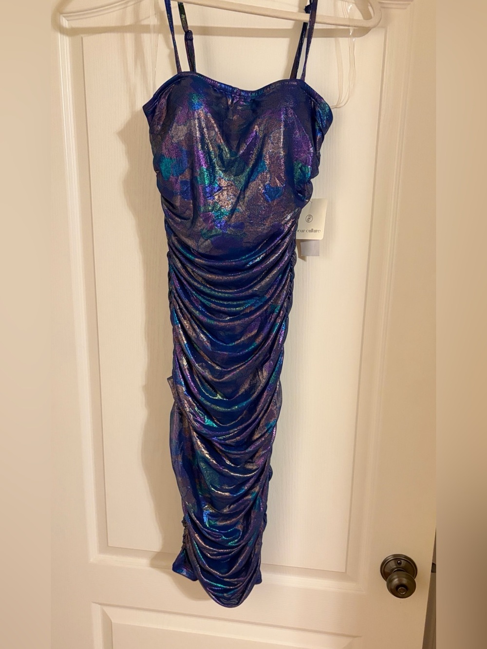 Pear culture Shimmery Iridescent Blue Ruched Slip Dress Christmas XS